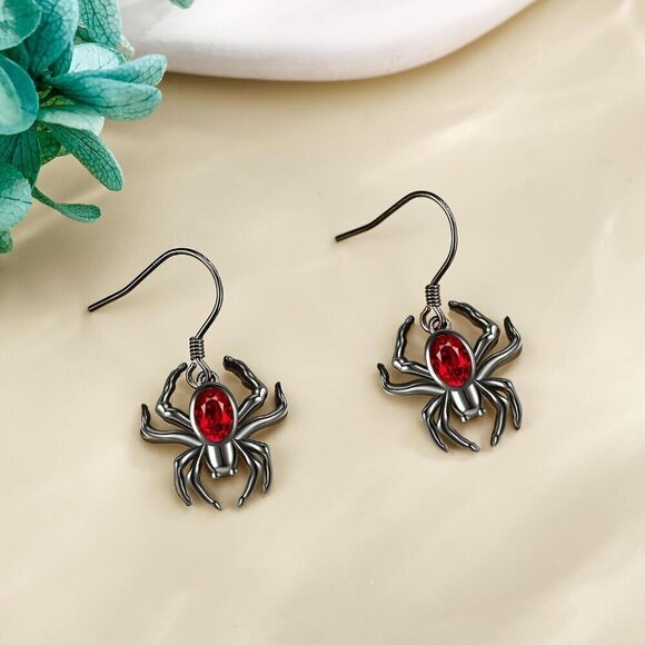 Women Sliver & Red Spider Sterling Gothic Halloween Dangle Earrings Jewelry - Picture 4 of 6